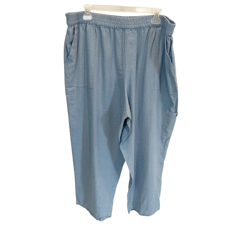 Susan Graver Pure Blue Linen Blend Cargo Crop Pants Womens 1X Coastal Lagenlook